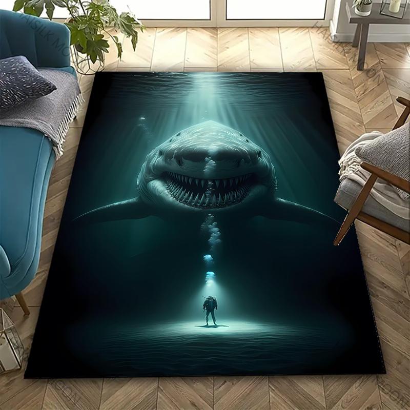 3D Shark Theme Printed Carpet Edgy Nautical Horror Statement Rug for Living Rooms Bedrooms, Office Areas, Durable Washable Mats