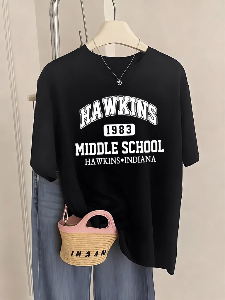 Hawkins 1983 Middle School Prints TShirts Womens Summer Basic T Shirts ONeck Soft Short Sleeve Tops Casual Loose Woman Clothes