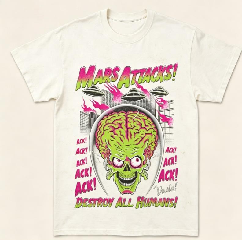 Black Crew Neck Tshirt Vintage Retro SciFi Horror Graphic Alien Invader UFO City Scene Unisex Cotton Short Sleeve Tee