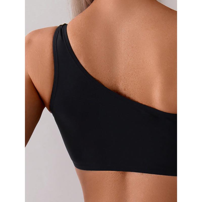 One Shoulder Slim Fit Two Piece Swimsuit For Swimming, Solid Color Summer Beach Swimwear Bathing Suit For Women