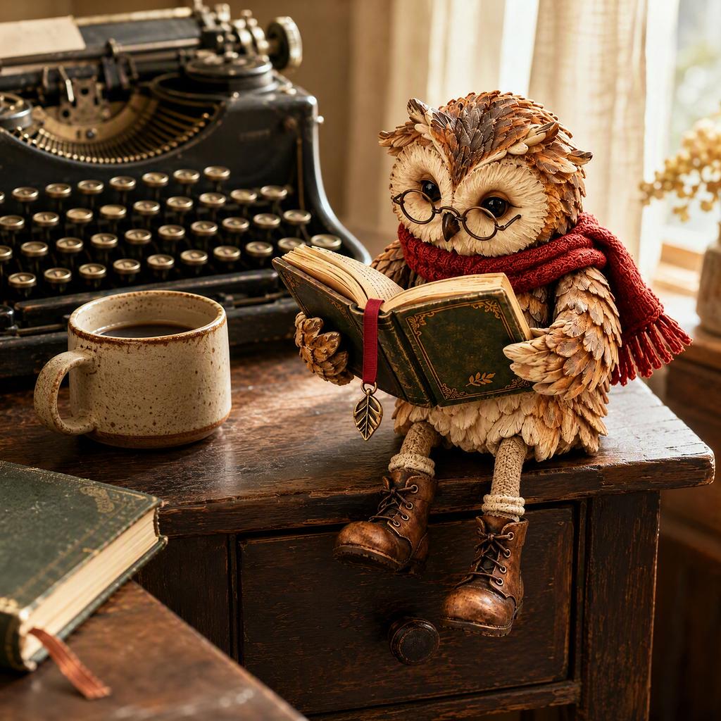 Owl Statue Resin Rustic Vintage Reading Figurine Shelf Sitter Glasses Scarf Home Decor
