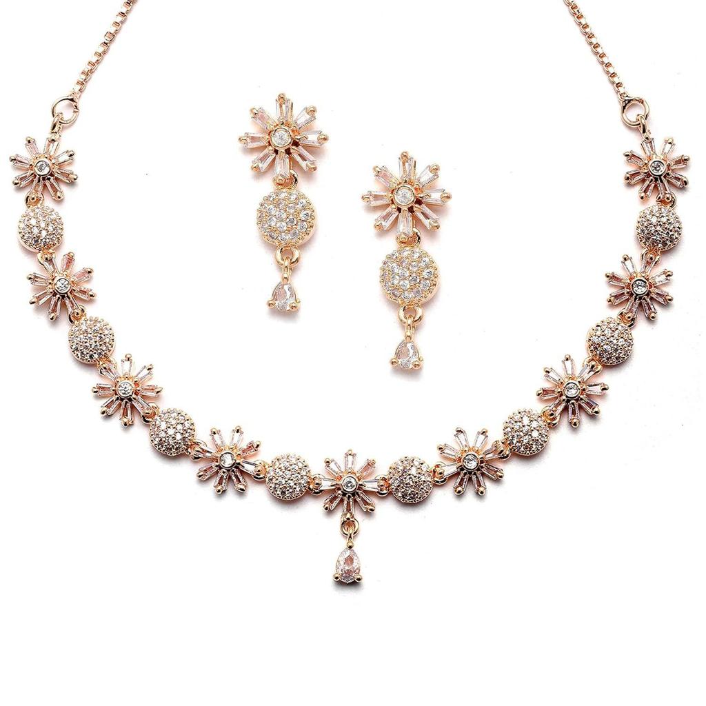 ZENEME Rhodium Plated Silver Toned White American Diamond Studded Necklace