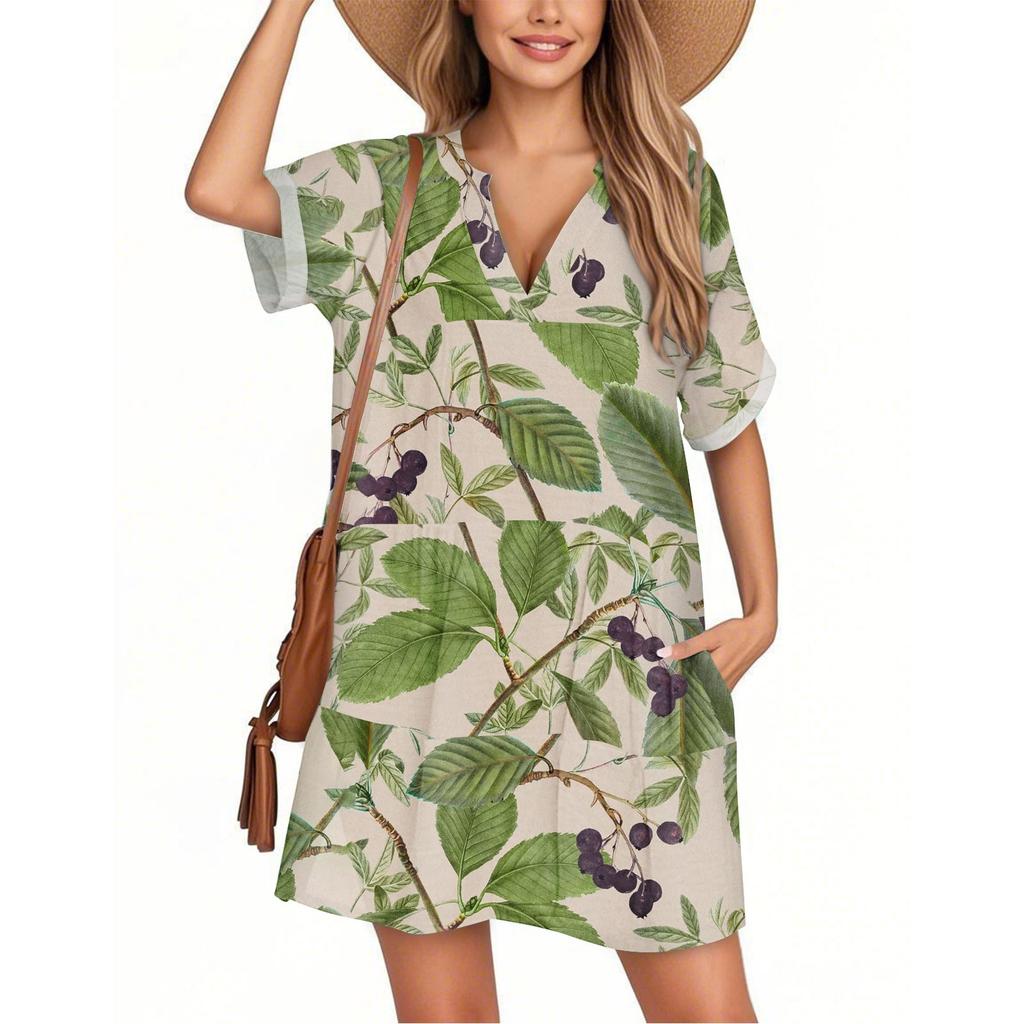 Women's Fashion Smock Hawaiian Floral Casual Short Sleeve V-neck T-shirt Dress Holiday Beach Dress