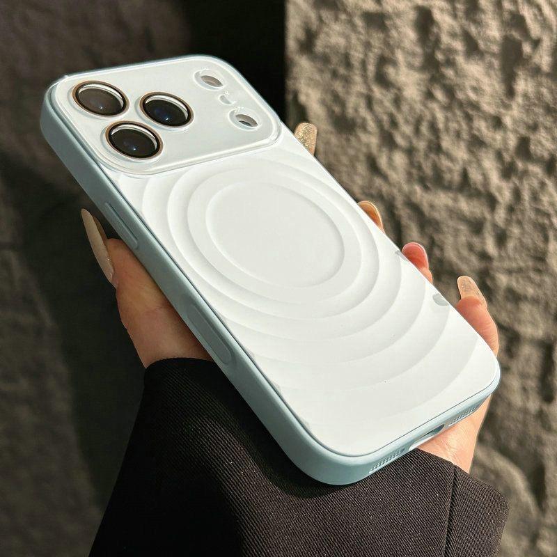 Luxury Solid Color Glossy Camera Case For iPhone 17 16 15 Pro Max For Magsafe Magnet Liquid Wave Pattern Shockproof Candy Cover