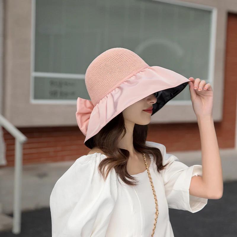 WTEMPO Fashion Foldable Soft Bow Bucket Sun Hats Women's Wide Brim Retro Simple Elegant Versatile Hollow-out Hats