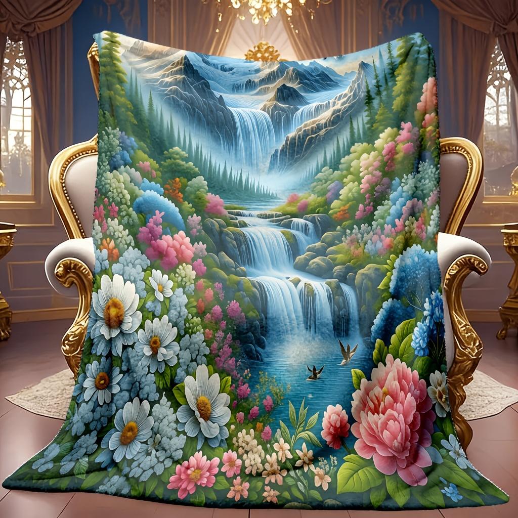 A Cozy Fleece Blanket Featuring a Landscape Waterfall Floral Design, Soft High-Definition Digital Printing, Perfect for Cooling, Suitable for Year-Rou