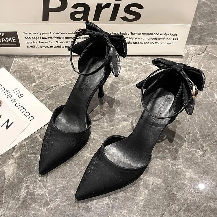 Модные элегантные туфли-лодочки с бантом на тонком каблуке, женские туфли с острым носком и ремешком на щиколотке, свадебные туфли для вечеринок, летние босоножки, женские туфли на высоком каблуке для невесты