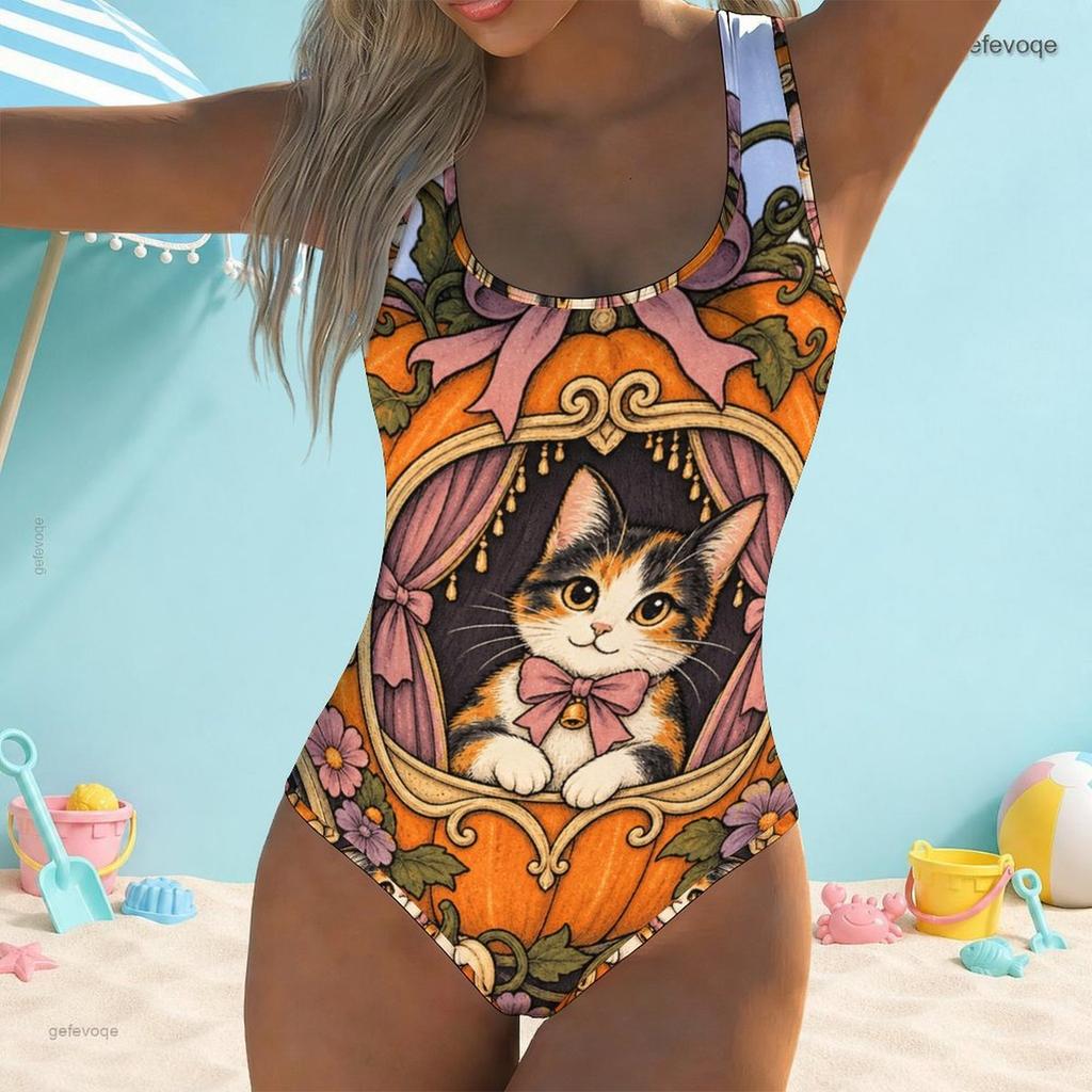 Women Plus Size Scoop Neck Wide Straps One Piece High Cut Swimsuit Halloween Cartoon Animal Pumpkin Printed