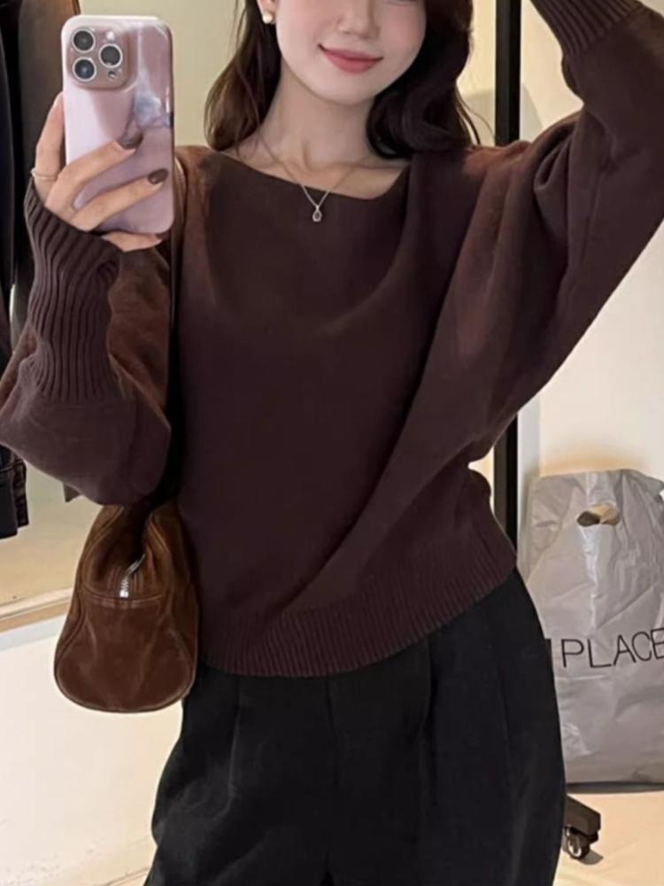 Женский сексуальный мягкий восковой свитер с открытыми плечами, осенний корейский модный новый однотонный повседневный пуловер серо-черного цвета, одежда