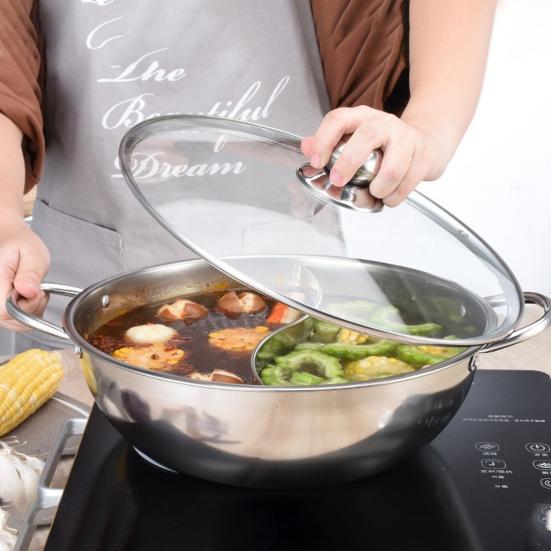 Double Flavor Hot Pot Stainless Steel Split Hot Pot with Anti-Scald Handles Chinese Induction Shabu Hot Pot for Kitchen Stove