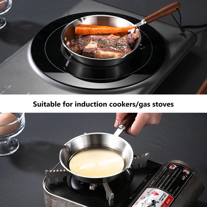 Мини-сковорода с антипригарным покрытием и деревянной ручкой, сковорода из нержавеющей стали без покрытия, совместимая с индукционной индукцией