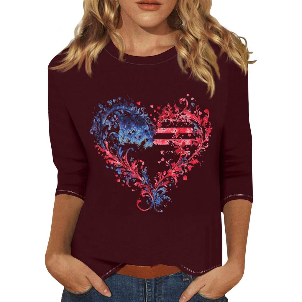 Women's Fashionable Casual Three Quarter Sleeve Printed Collar Pullover Top