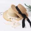 Women's Summer Japanese Style Versatile Frayed Edge Straw Hat Flat Top Vacation Outing Woven Sun Hat Bowknot Sunshade Beach Hat