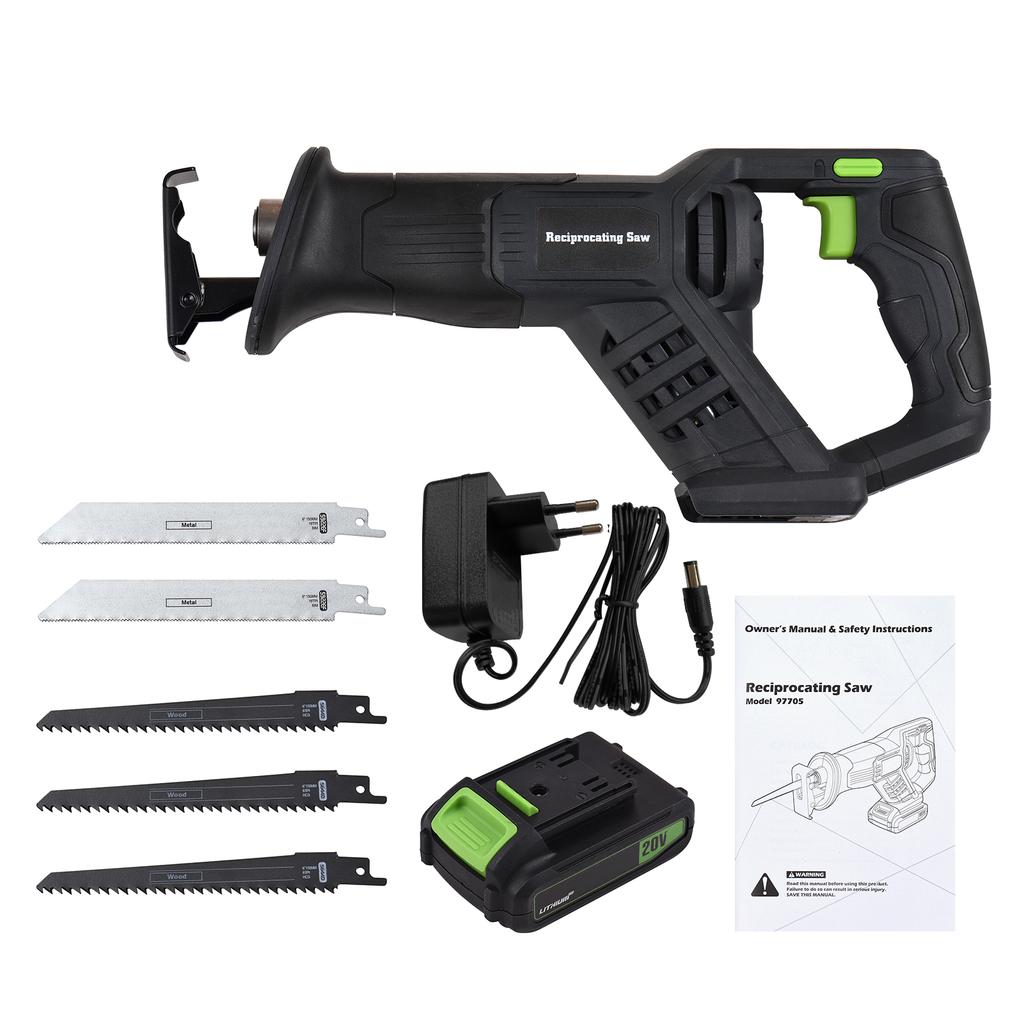 Аккумуляторная сабельная пила 20 В, ручная электрическая пила с переменной скоростью, 3000 об/мин, быстрая батарея 2,0 Ач