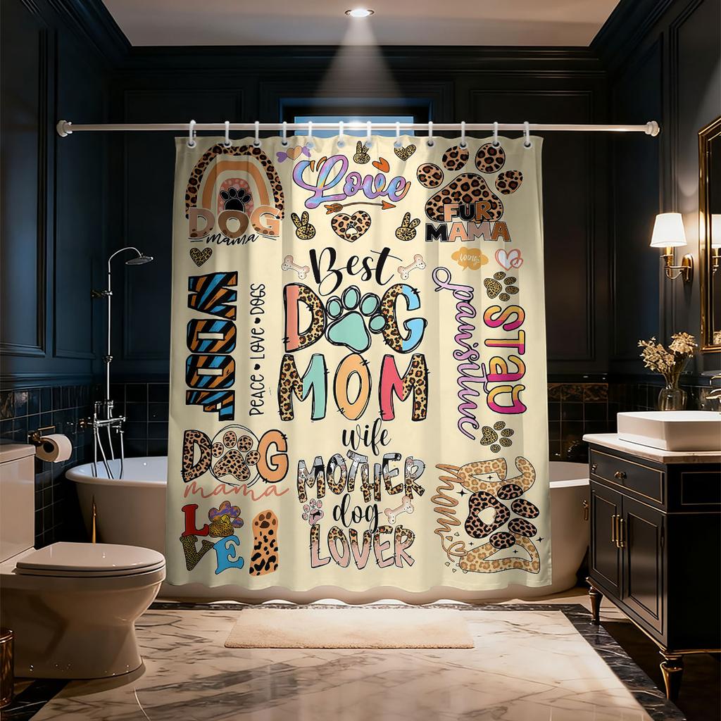 Dog Mom Shower Curtain 90Gsm Waterproof Boston Terrier Pug Print Bathroom Decor With Hooks