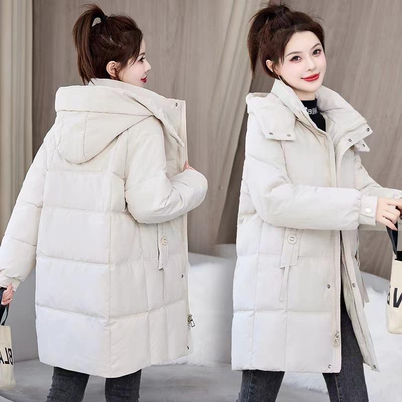Winter New Women's Mid-Length Down Cotton Jacket with Hood Korean Style Simple Versatile Thickened Warm Cotton Coat