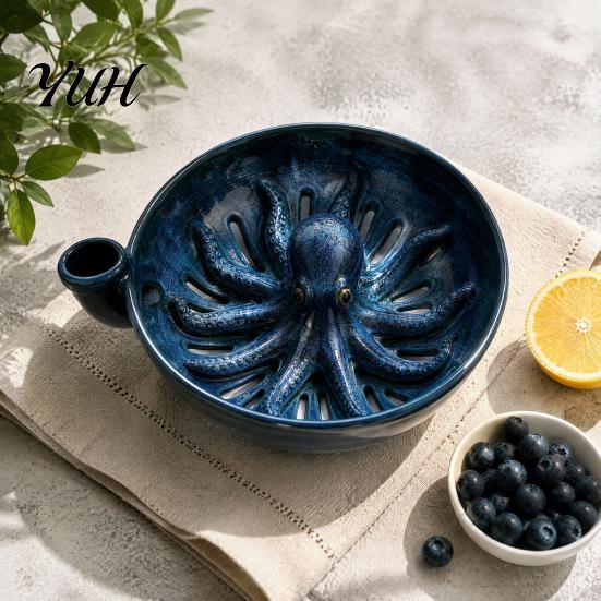 Strawberry Cleaning Basin Self Spinning Ceramic Berry Washing Bowl, Octopus Shape 360 Degree Vortex Grape Rinsing Basket Colander, Integrated