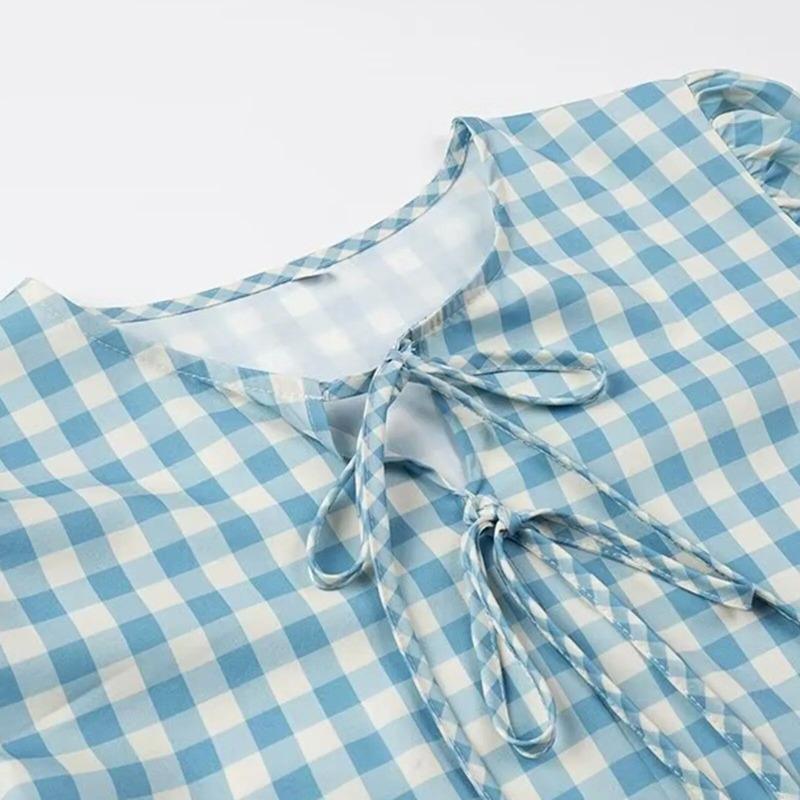 Рубашка в клетку с завязкой спереди и бантом, женская свободная, с круглым вырезом, с коротким рукавом, блузка, весна-лето, повседневные простые топы