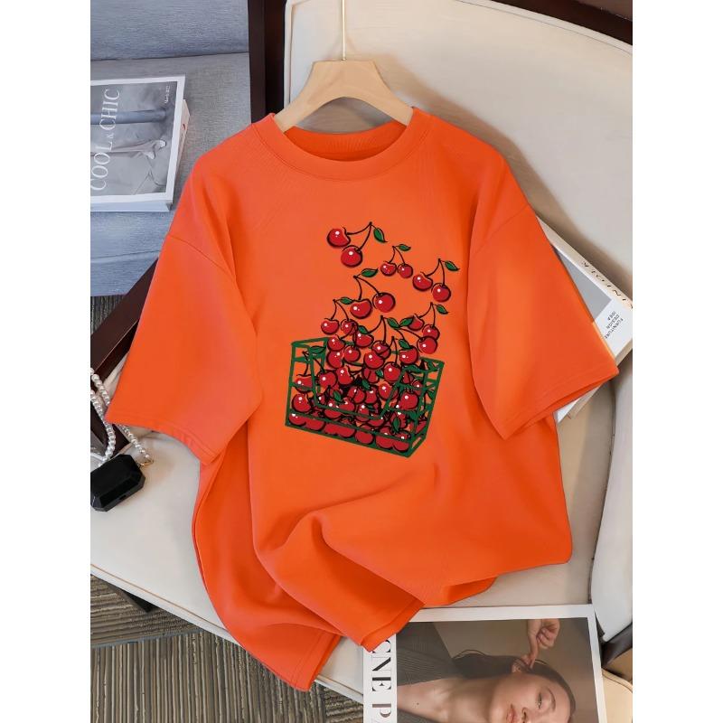 Футболка женская с принтом «Корзина вишен», дышащая, повседневная, летняя, с коротким рукавом, мягкая, свободного кроя, уличная одежда, женская футболка