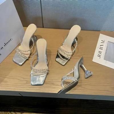 Новые летние пикантные модные женские сандалии с открытым носком, блестящие женские туфли на высоком каблуке с квадратной головкой и большим дизайном