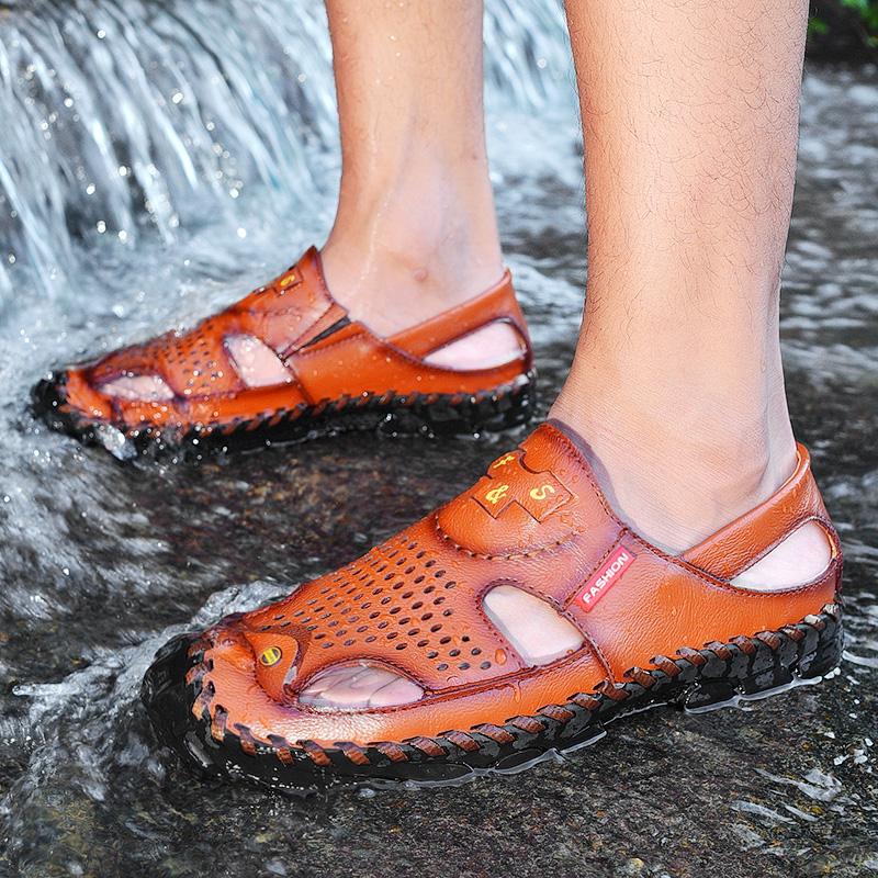 Мужская обувь из натуральной кожи, пляжные сандалии, прочные сандалии ручной работы с закрытым носком, нескользящая обувь для отдыха на природе