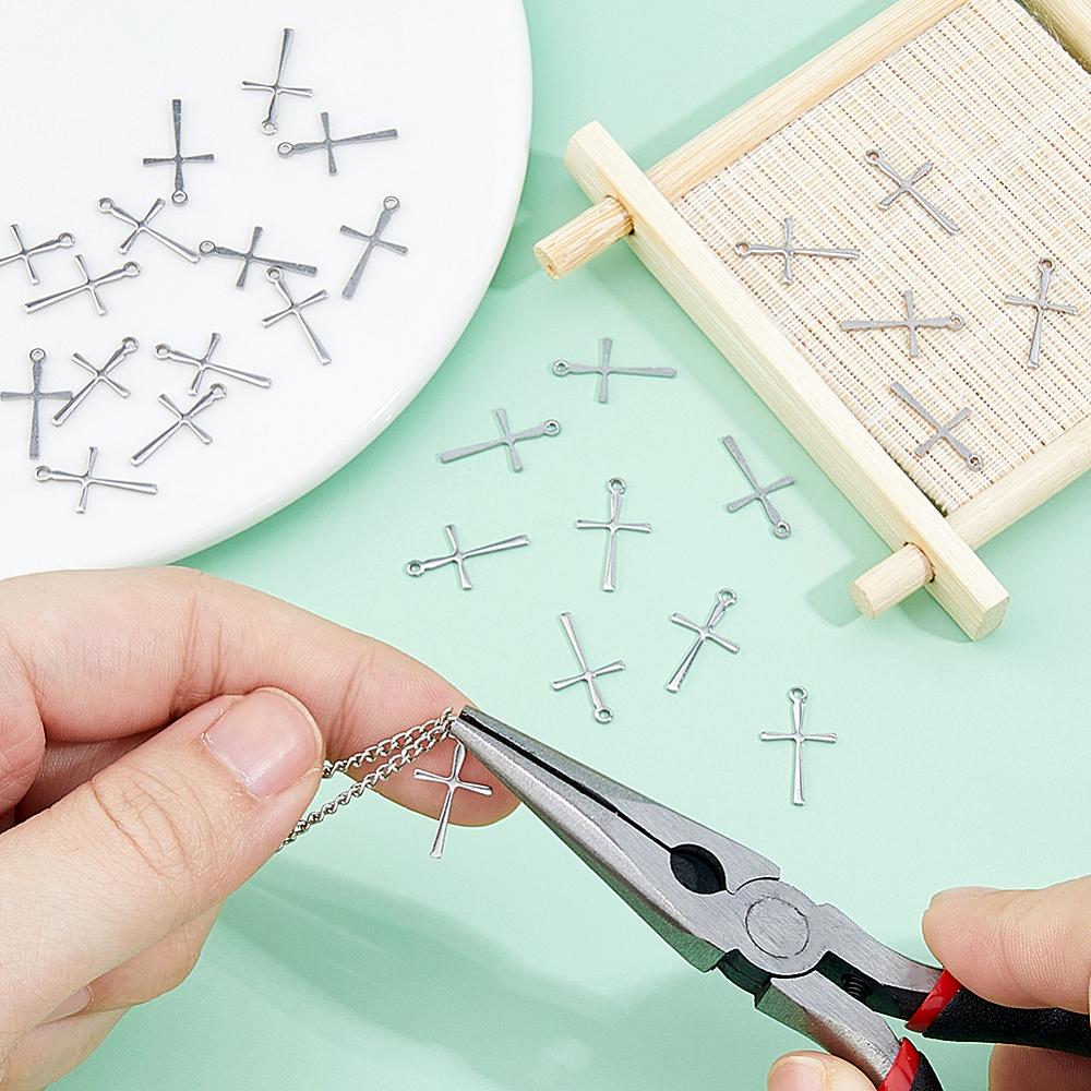 100Pcs 304 Stainless Steel Pendants Cross Stainless Steel Color 16x9.5x0.8mm Hole: 1mm