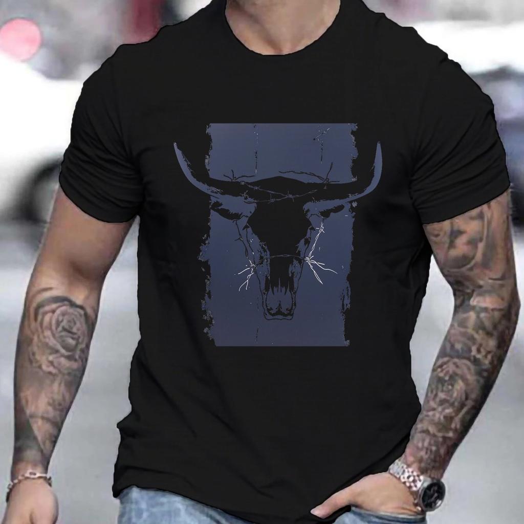 Summer Men's 100% Pure Cotton Casual Loose Plus Size Western Bull Head Pattern Printed Round Neck Short Sleeved T-shirt Top