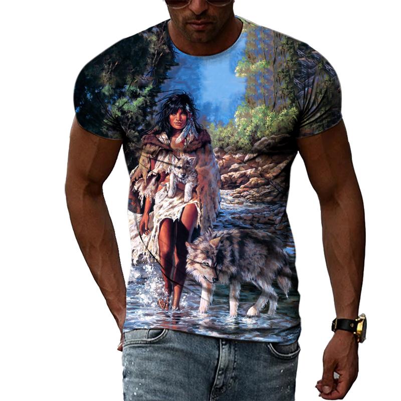 Индийские племенные вожди, летняя индивидуальная 3D печать Харадзюку, повседневная свободная дышащая мужская футболка с круглым вырезом и короткими рукавами, топ