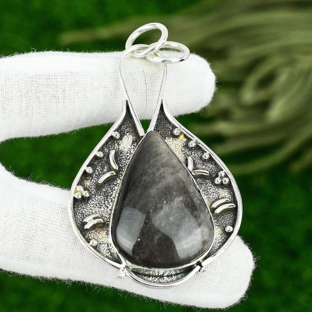 Sterling Silver Pear Silver Sheen Obsidian Stone Bezel Birthday Pendant Jewelry