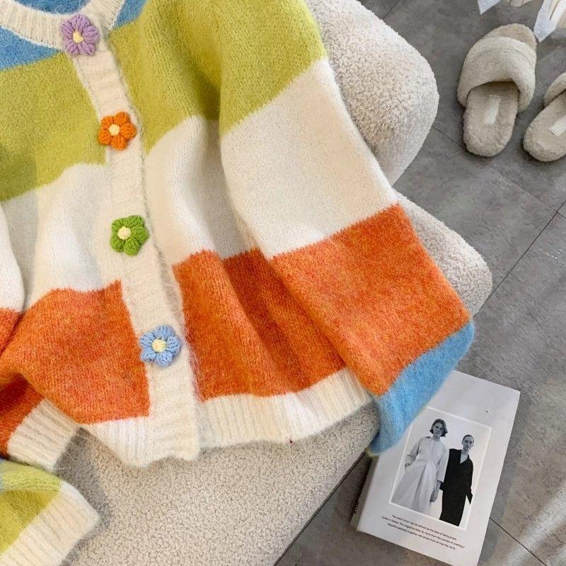 Женский вязаный кардиган с цветочными полосками и пуговицами, свободный женский свитер, осенний однобортный топ с длинными рукавами