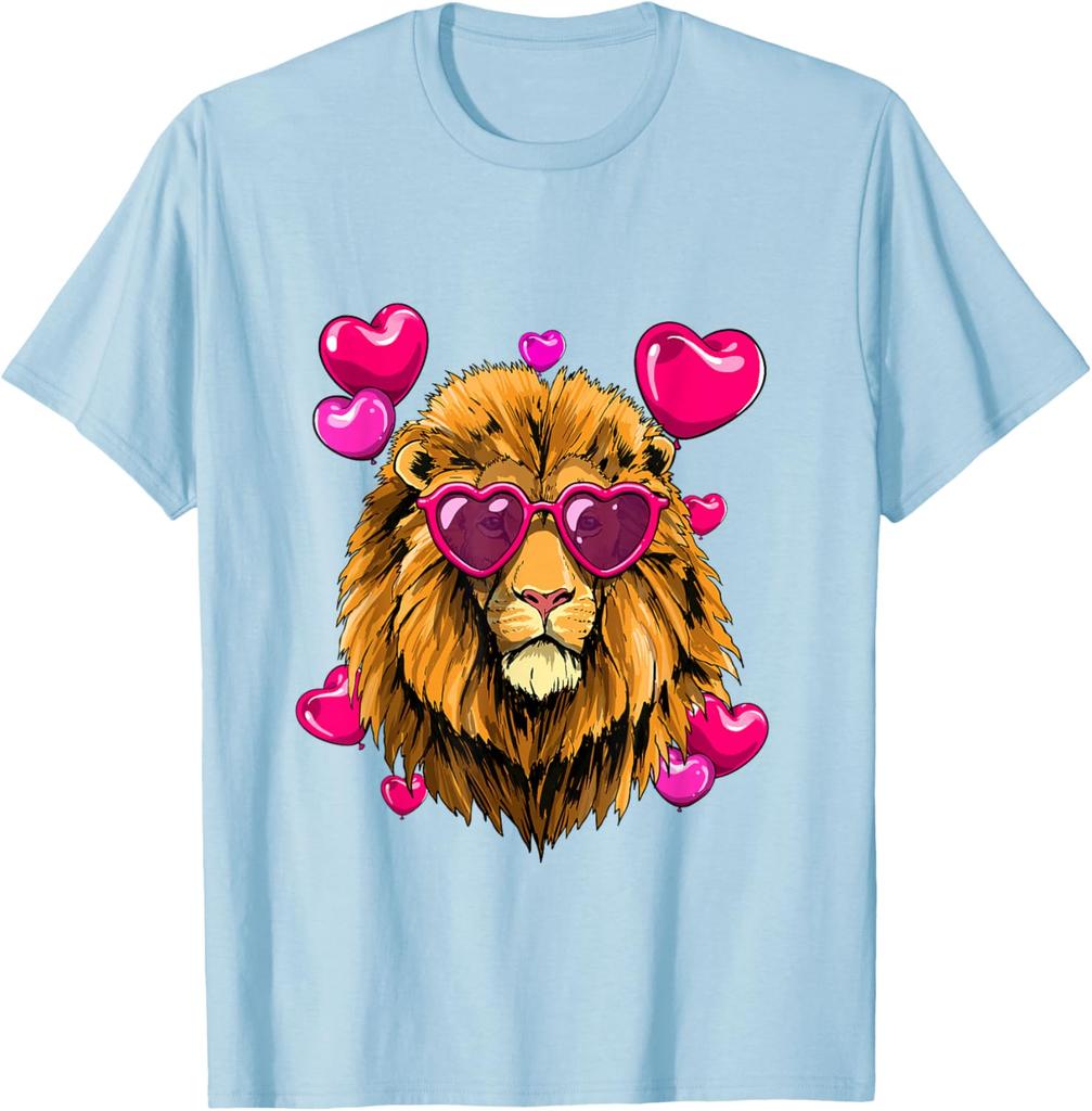 Lion Wearing Heart Sunglasses Valentines Day Graphic Tee Men Casual Short Sleeve T-Shirt