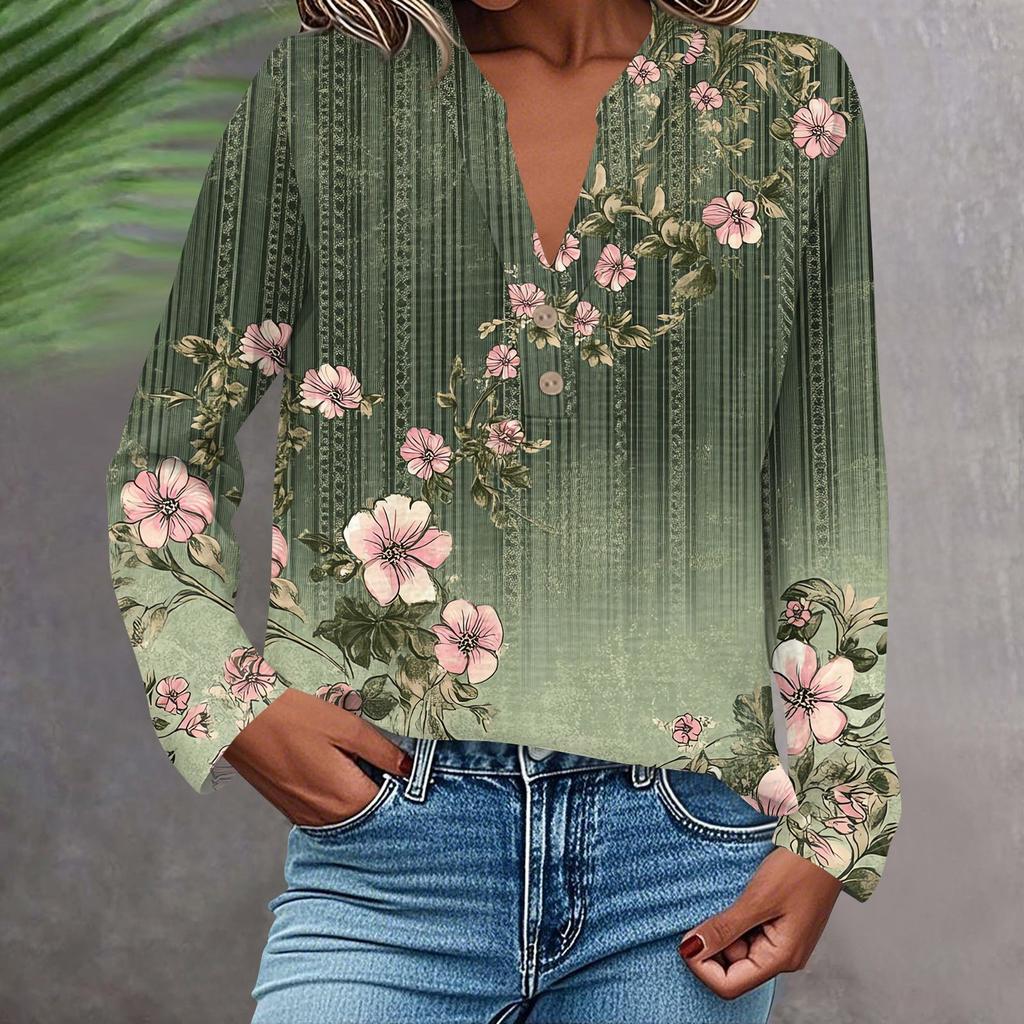 Женская модная и повседневная рубашка с длинным рукавом, V-образным вырезом, на пуговицах, с принтом, блузка, топ