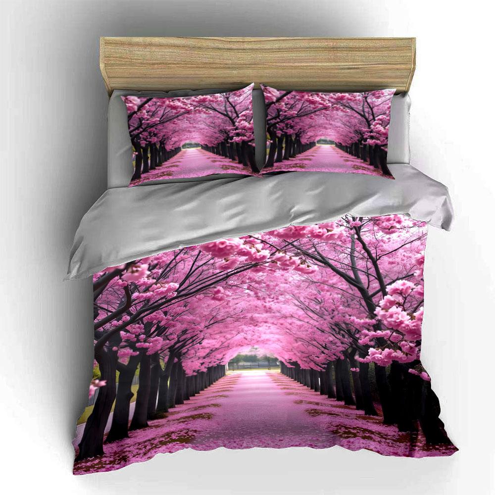 Cherry Blossom Pathway Decor Set Bedding Set with 1 Duvet Cover 2 Pillowcases Single Double King Queen, Gift