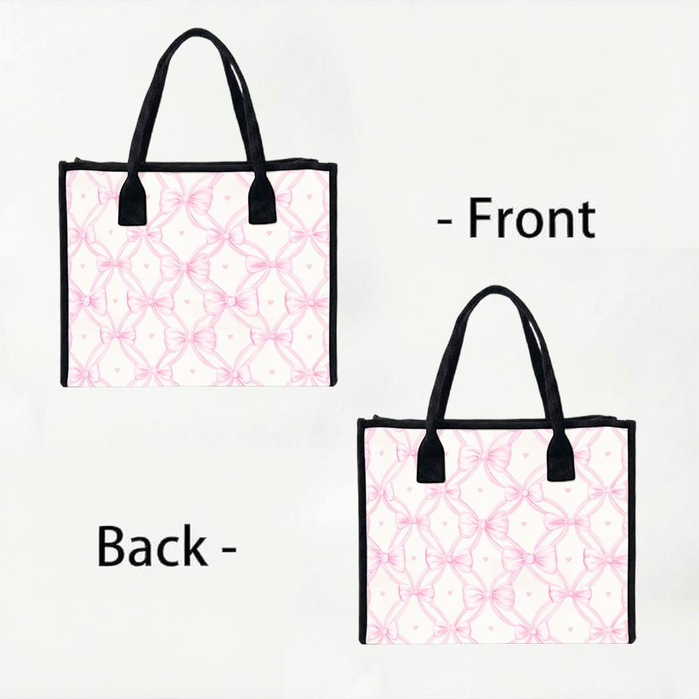 Cute Pink Bow Printed Tote Bag Casual Daily Portable Large Capacity Women Handbag