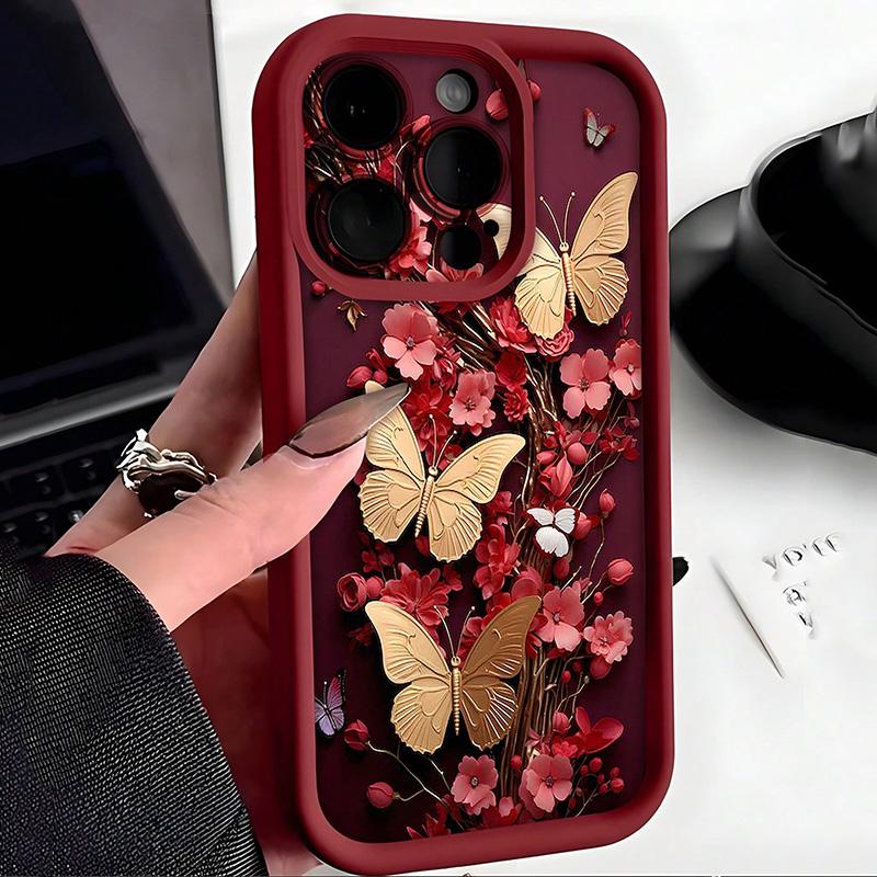 Golden butterflies and vintage red flowers Phone case iPhone 15 Pro Max 11 12 13 16 14 Plus Soft Silicone Protective Case