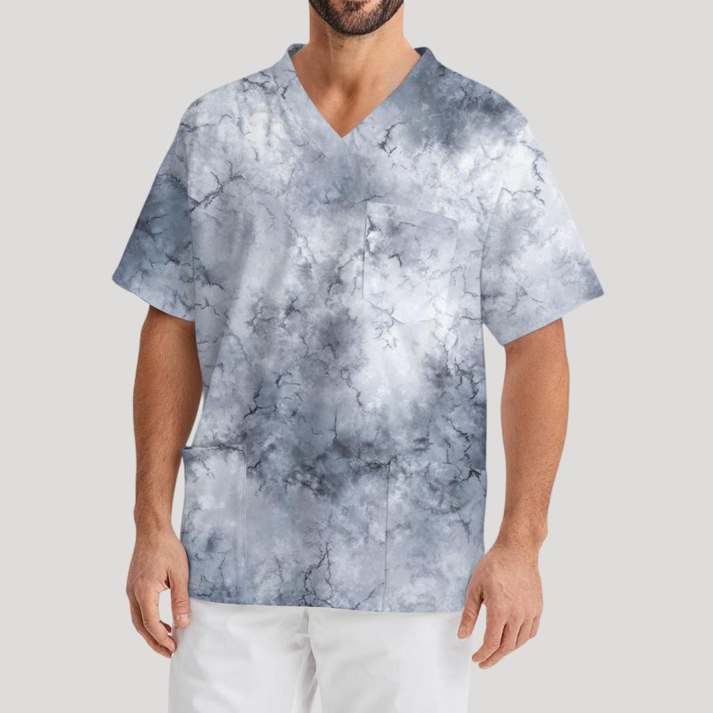 Мужская рабочая блузка с короткими рукавами и v-образным вырезом с принтом, топ с нагрудным карманом