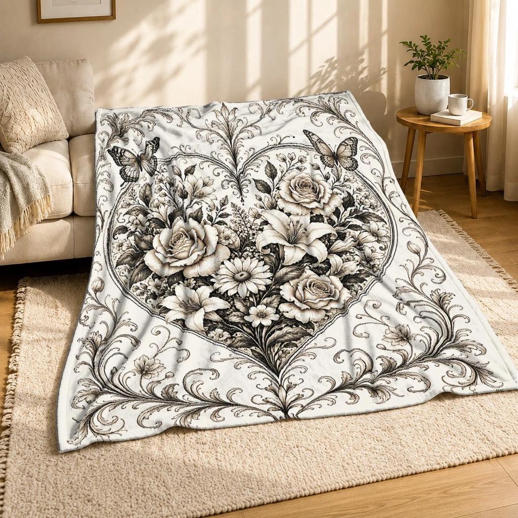 Vintage Floral Heart Butterflies Coral Fleece Blanket Romantic Decor