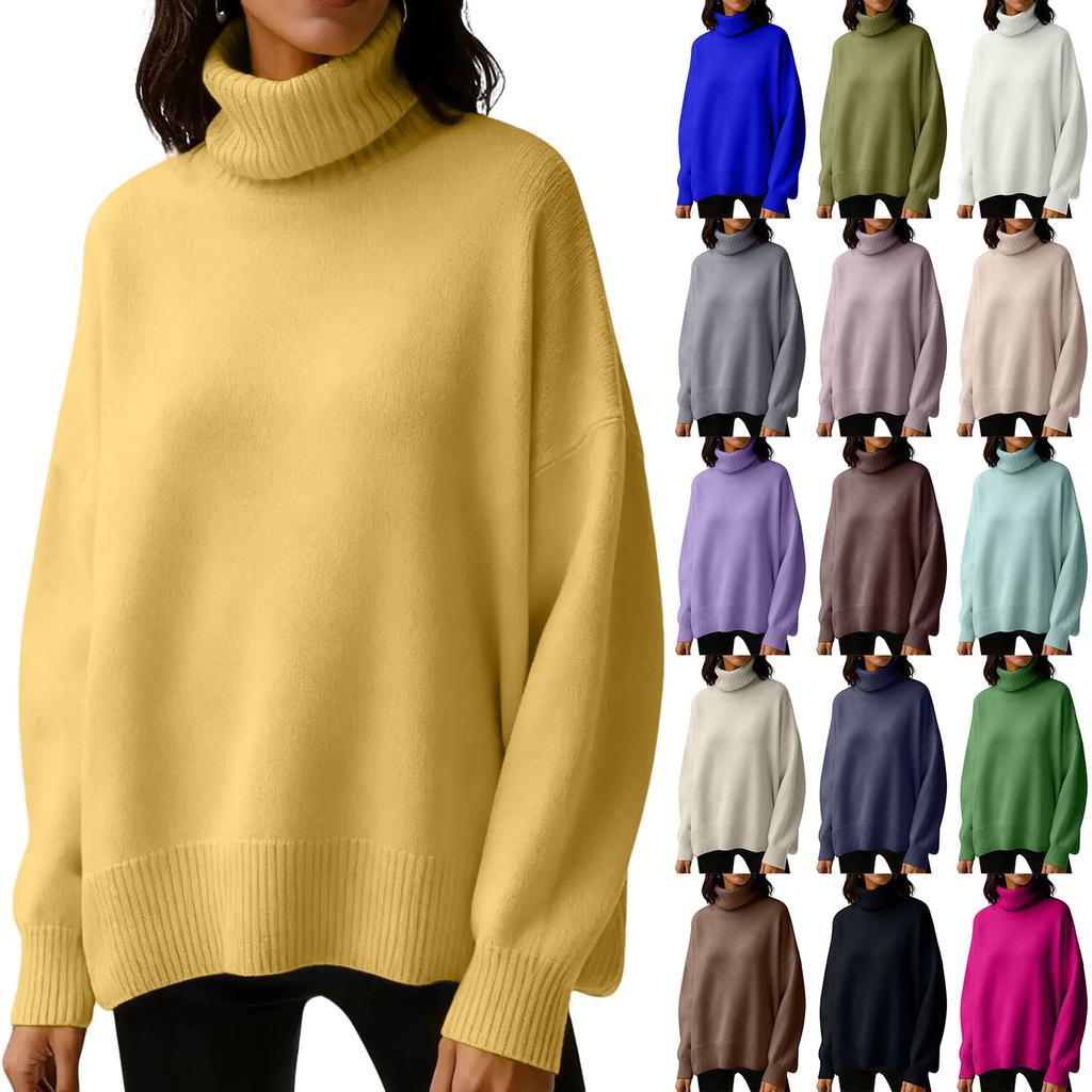 Women's Solid Color High Neck Pullover, Solid Color Loose Knit Sweater