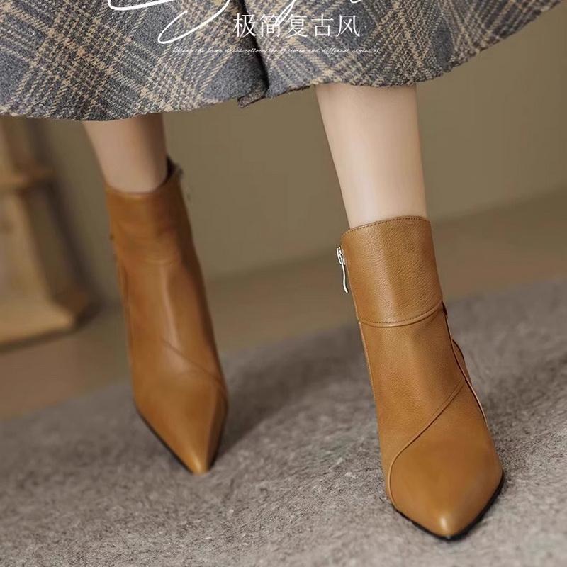 Модные полусапожки в стиле ретро на среднем каблуке, женские, из мягкой кожи, с острым носком, с боковой молнией, современные ботинки «Челси», осенне-зимняя обувь