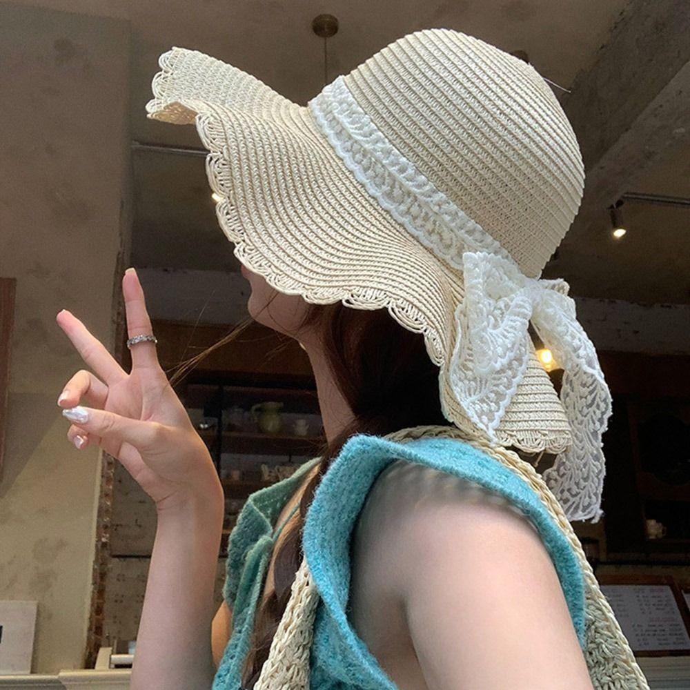 Весенне-летняя пляжная соломенная шляпа во французском стиле, женская шляпа от солнца, элегантная соломенная шляпа с кружевным бантом для отдыха на открытом воздухе
