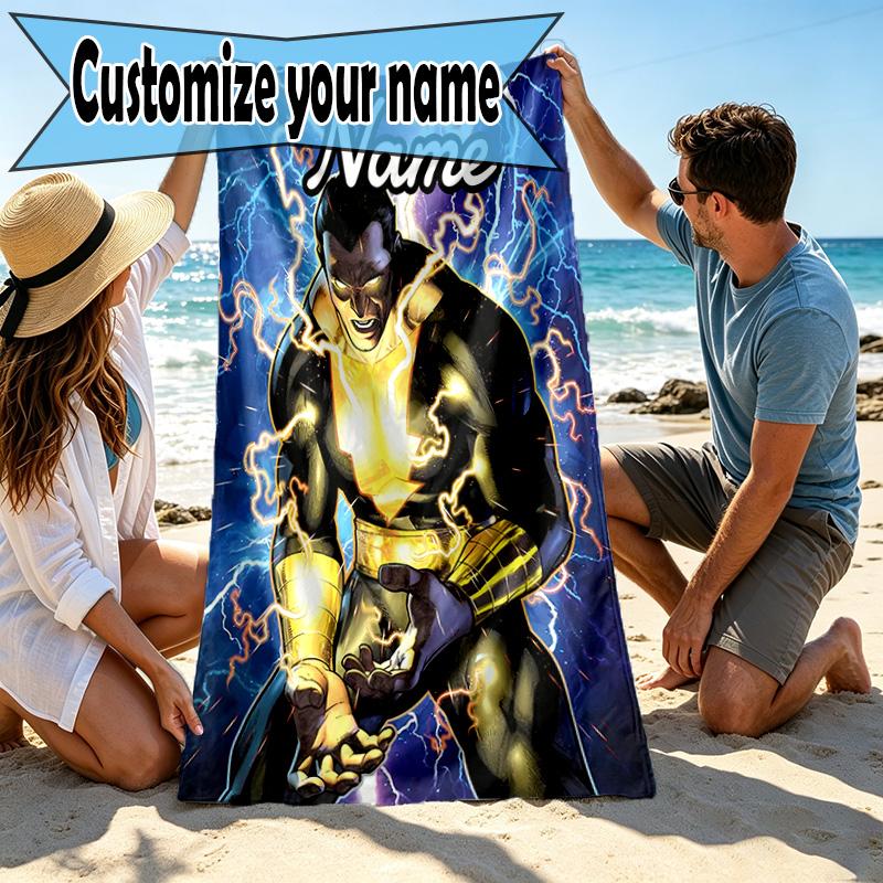 Custom Name Personalized Black Adam Print Beach Towel, for Trip Camping Beach Party Home Decor, Birthday Gift for Family & Friends