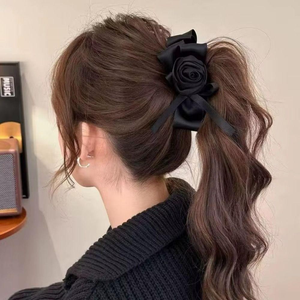Jaw Clip Style Rose Hair Clip Satin Ribbon Ponytail Hair Claw Retro Rose Banana Clip  For Women