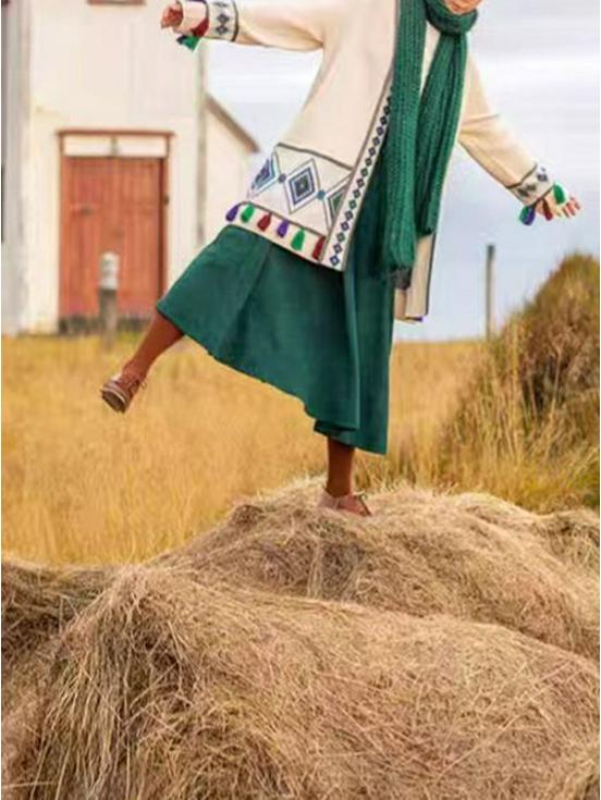 Women's Yellow Ethnic Tassel Knit Cardigan Coat