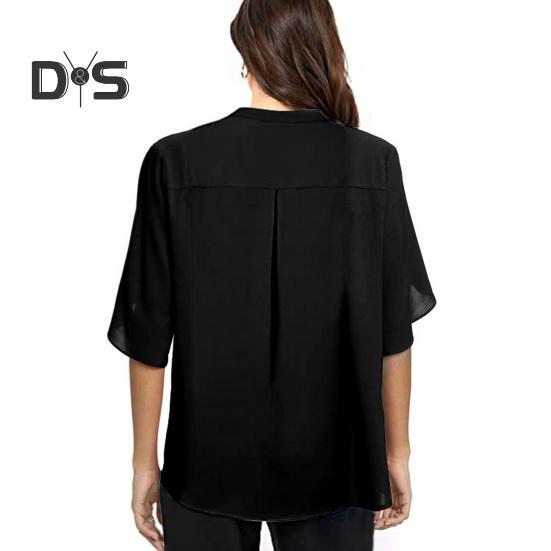 Women Tops V-Neck Button Decor Half Sleeve Chiffon Blouse Solid Color Loose Fit Breathable Shirt Tops Daily Wear