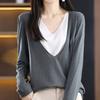 Женские свитера, пуловеры 2025 Осень Зима Длинный рукав V-образный вырез Черный вязаный свитер Женские топы, пуловер JJ107