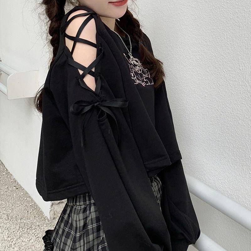 Women's Clothes Solid Color Gothic Women's Sweatshirt Hollow Out Long Sleeve Casual Pullover Summer Autumn Y2k Top