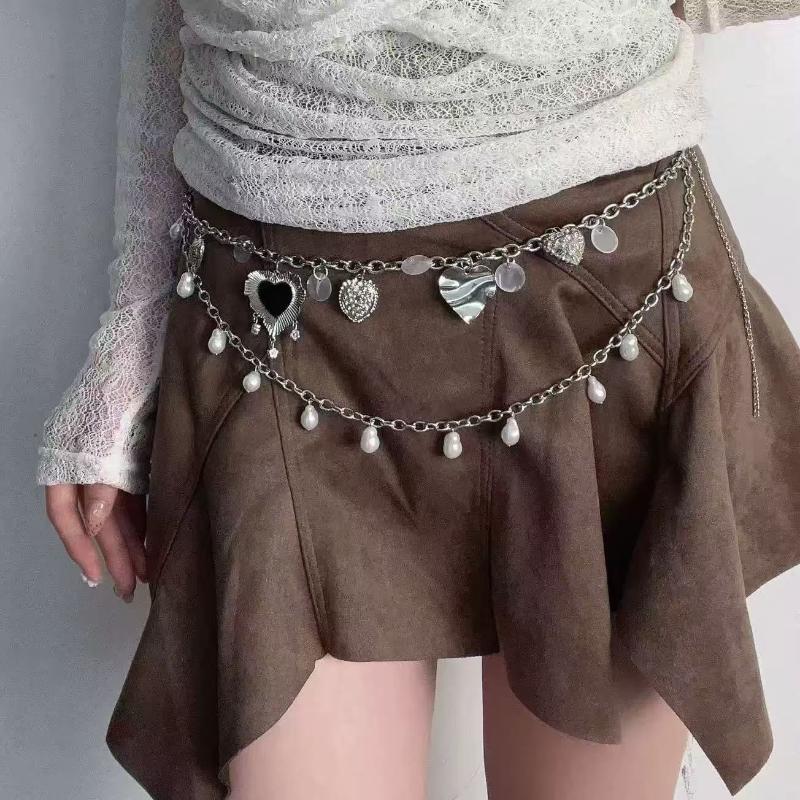 Silver Double Layer Heart Pearl Waist Chain for Women Vintage Metal Belly Chain Adjustable Accessory for Night Party