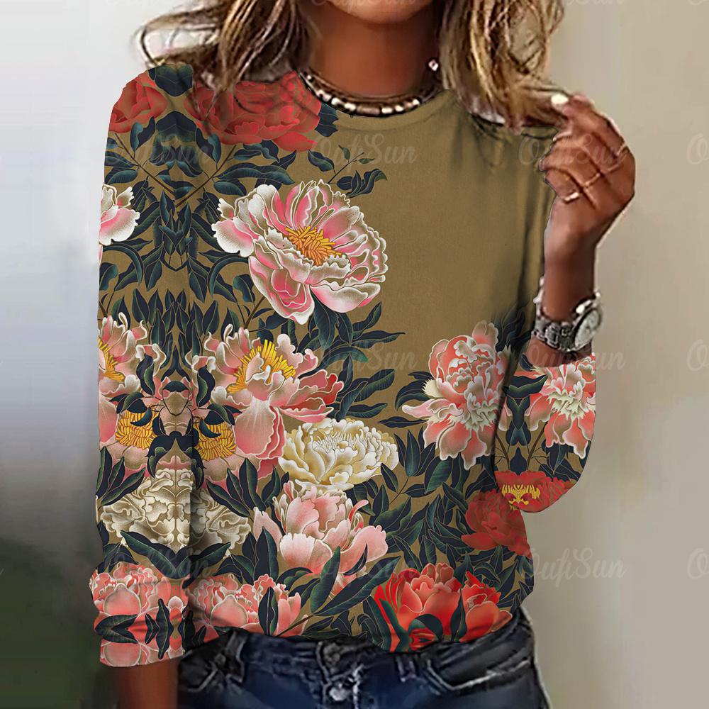 Летние новые женские футболки, модные масляные картины, цветочный принт, длинные рукава, футболка, повседневная женская одежда с круглым вырезом, уличный стиль, топы