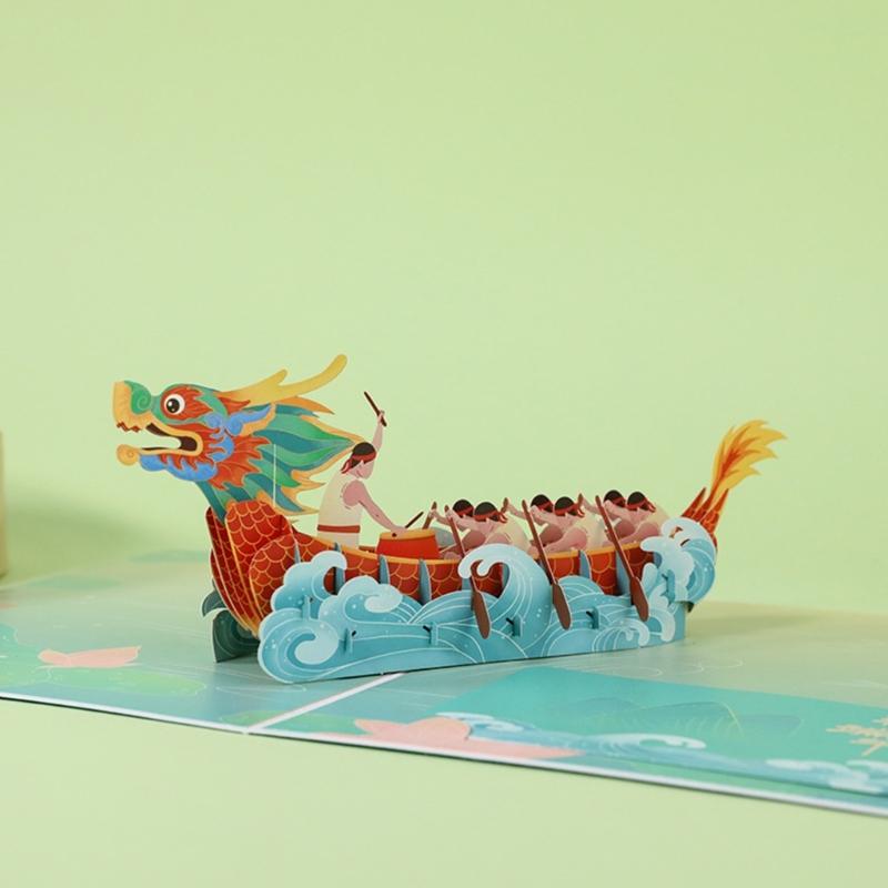 3D Pop-Up Карточки с Драконьими Лодками Праздничная Открытка на Фестиваль Драконьих Лодок с Конвертом Открытки ко Дню Отца Декор