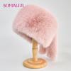 Winter Faux Fur Caps for Women Warm Flat Top Hat Fluffy Trapper Hat with Two Tails Fake Fur Furry Bucket Cap